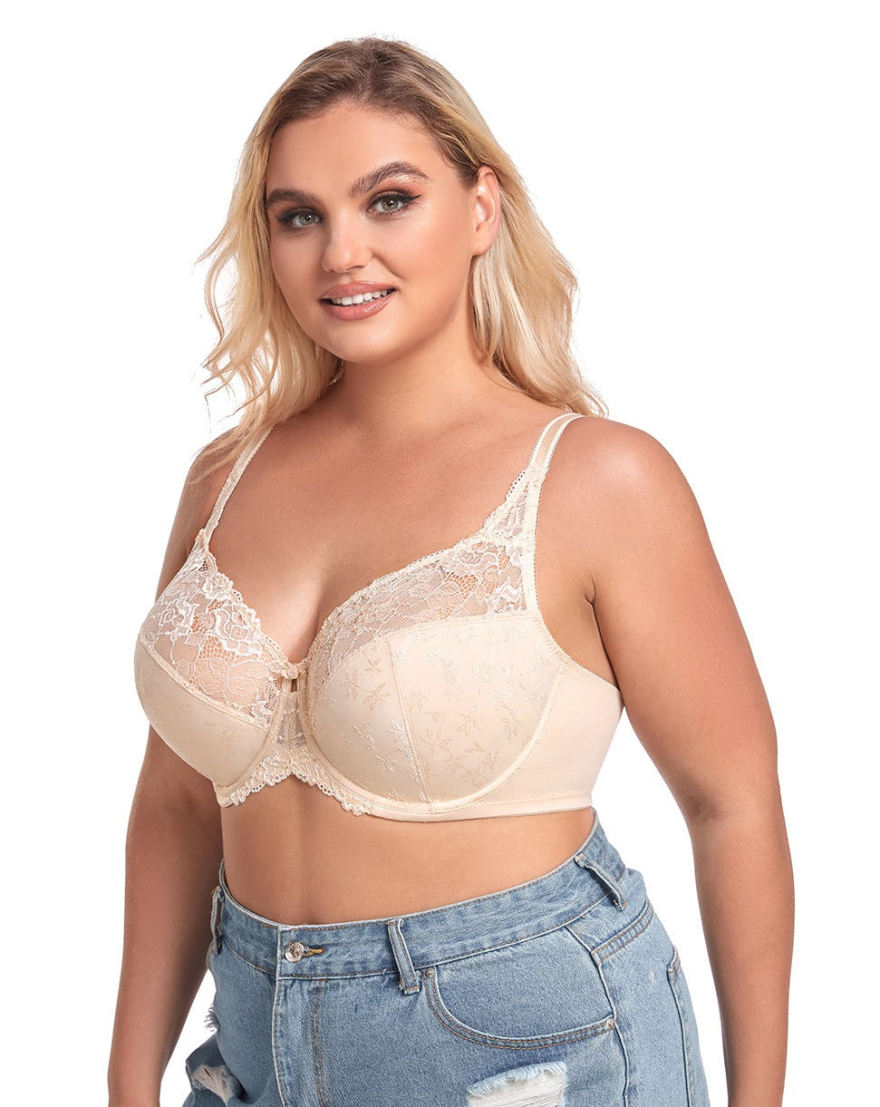  Womens Full Coverage Plus Size Floral Lace Underwired Bra  Non Padded Comfort Bra 42C Beige