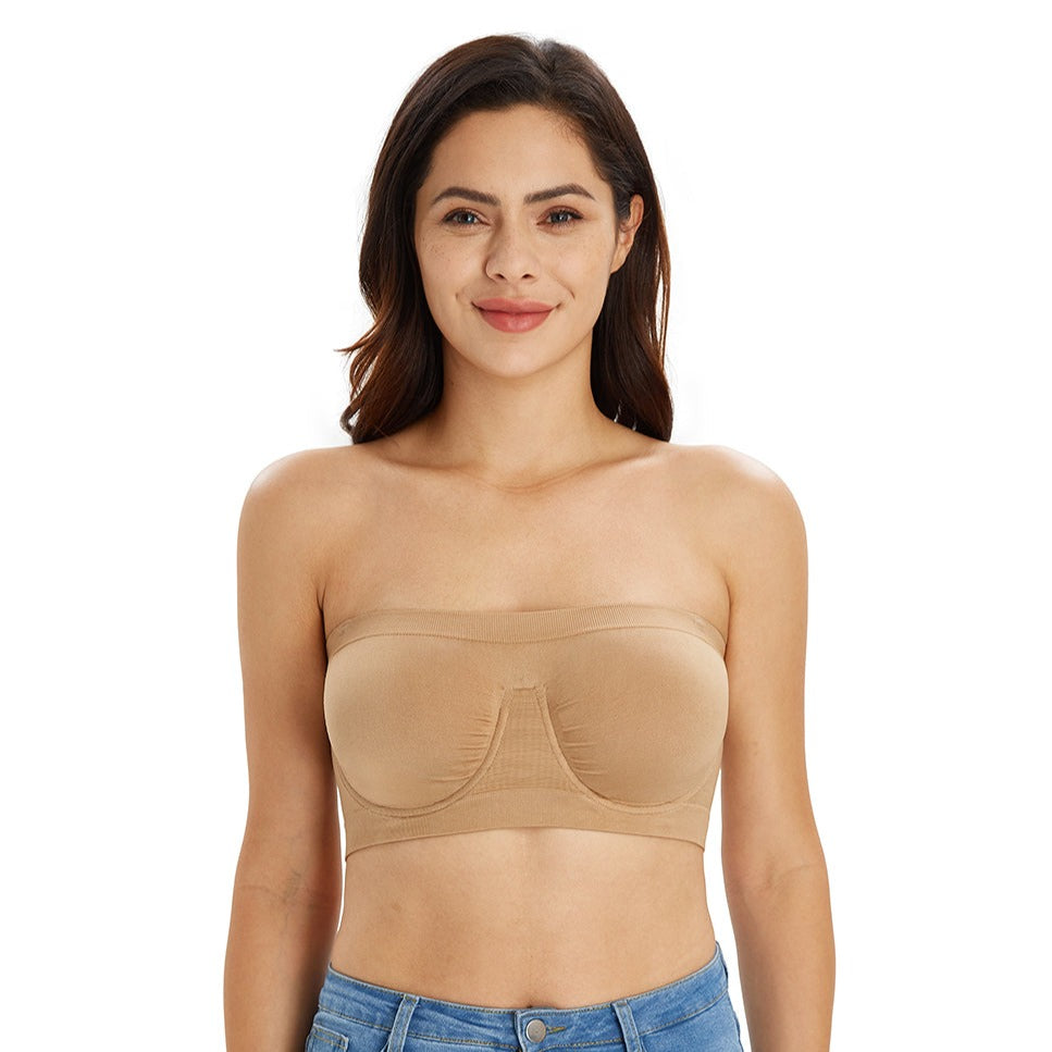 413 Underwire Non Padded Bandeau Tube Top Strapless Bra Beige